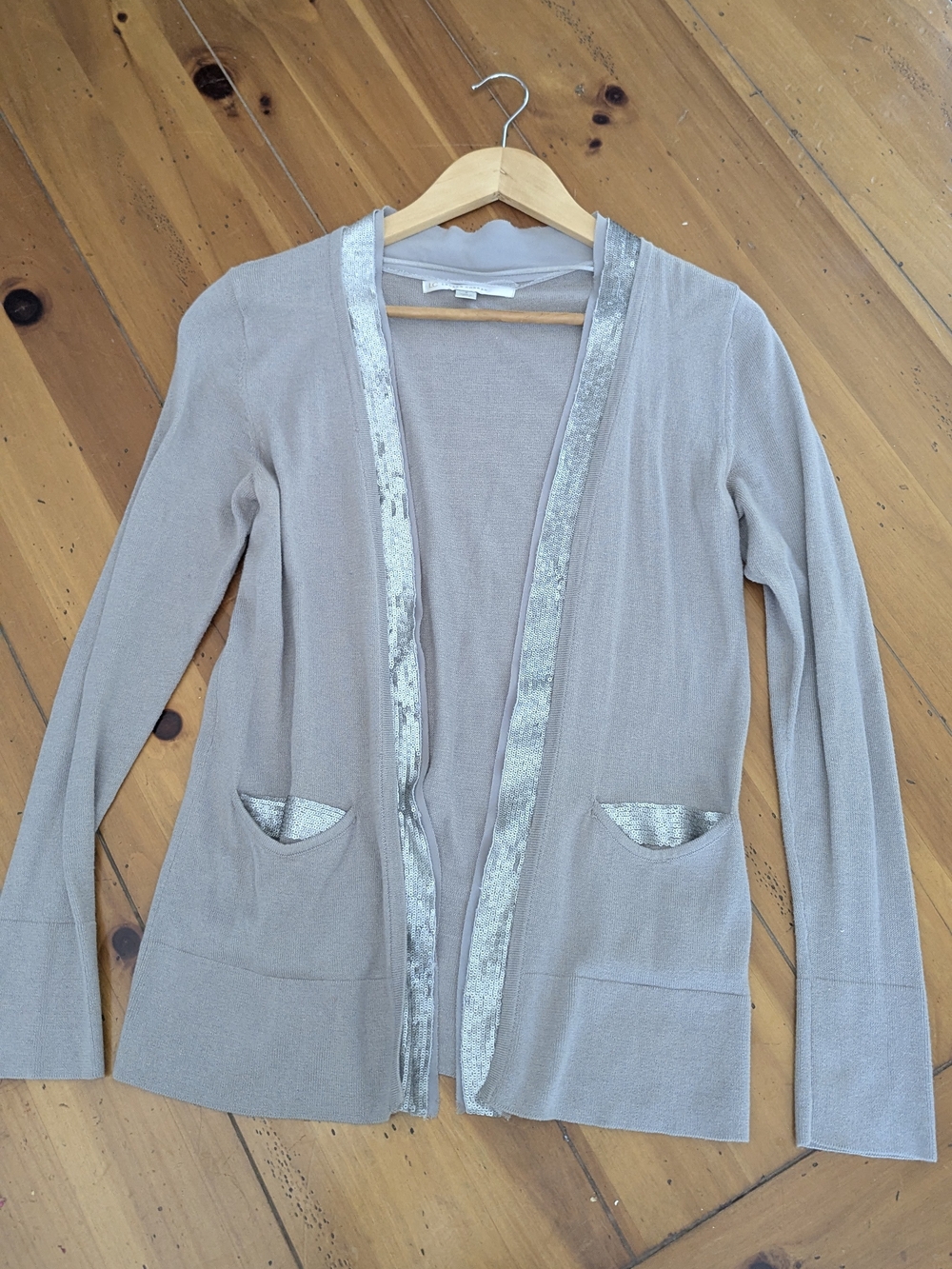 LC Lauren Conrad Light Taupe Open-Front Women's Cardigan with Metallic Trim